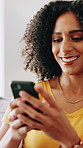Smile, woman and typing with phone at house for communication, social media and good news. Person, walking and relax with mobile app for browsing, online information and notification with chat update