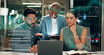 Teamwork, hologram screen and people with graphs, laptop and business discussion with data and growth. Dashboard, stock market and coworkers networking for research, technology and overlay analysis