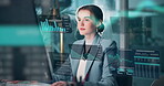Woman, computer or hologram of dashboard for trading, data analysis or business future at night. Trader, tech or UI interaction in dark office for finance management, economy screen or cryptocurrency