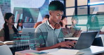 Laptop, man and student in lecture with statistics overlay with studying for finance exam. Computer, college and male person typing with research online with charts or graphs for university test.