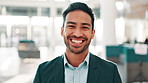 Smile, face or businessman in office with confidence, opportunity or professional pride at finance agency. Corporate, portrait or happy financial consultant in lobby with ambition at advisory company