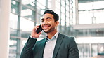 Business man, phone call and happy in lobby with contact for b2b networking, market update or investing at company. Person, smartphone and smile with talking, financial advice and feedback at agency