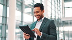 Tablet, business man and walking in company for investment banking, finance and scroll online. Happy worker, technology and reading email for profit update, economy growth and stock price in office