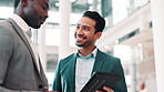 Happy, colleagues and men with tablet, office and discussion for investment, collaboration or company. Business, investor and people with tech for feedback, meeting or smile for review of information