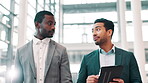 Office, colleagues and men with tablet, walking and discussion for investment, collaboration and talking. Business, investor and people with tech for feedback, meeting and review of information