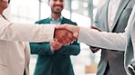 Business people, handshake and agreement in office, partnership and financial company. Closeup, accounting and employees with trading contract, shaking hands or b2b deal with thank you or negotiation