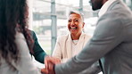 Business people, hands together and celebration with applause, collaboration and smile for promotion. Women, men and colleagues with teamwork, negotiation and meeting in company for success or growth