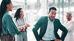 Business people, dance and celebration with office, teamwork and support for success. Partnership, excited and connection expo with employees for fun, pride and achievement at seminar conference