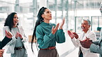 Business people, dance and celebration with office, support and teamwork for success. Partnership, excited and connection expo with employees for fun, pride and achievement at seminar conference