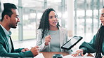 Office, tablet and woman with business people in meeting for financial review, budget report and company sales. Manager, corporate and men and women on digital tech for proposal, research or planning