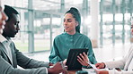 Manager, tablet and business people in office in meeting for financial review, budget report and company sales. Professional, corporate and men and women on tech for proposal, research and planning