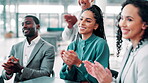 Happy, business and people with applause for meeting of good news, pitch success and celebration. Smile, staff and clapping with team congratulations, company achievement and promotion for proposal