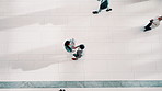 Top view, business people and walking with handshake in building for meeting, greeting or introduction. Above, group or employees shaking hands for partnership, b2b or agreement for deal together