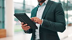 Hands, businessman and walking with tablet in office for investment banking, finance and app for budget. Corporate worker, technology and check email for profit update, economy news and scroll online