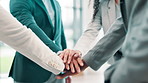 Huddle, motivation and hand pile of business people with mission, team building and trust for support together. Collaboration, group circle or corporate success for winning employees in celebration