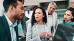 Business people, presentation and laptop with meeting for planning, online project or website review. Collaboration, corporate office and men with women on computer for proposal, ideas and discussion