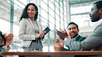 Business, woman and applause for meeting in office for good news, pitch success and celebration. Smile, people and staff clapping for congratulations, team achievement and promotion for proposal deal