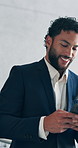 Business, internet and man in office, cellphone and accounting with message to contact. Happy person, financial advisor and smartphone for digital app, chatting and email notification for schedule