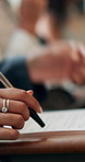 Cv, waiting room and hand of person at interview for resume application, documents and hiring checklist. Paperwork, meeting and survey with closeup of employee in lobby for job search and vacancy