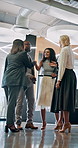 Shaking hands, greeting and business people in office with introduction, meeting or contract. Welcome, deal and financial managers with investors for agreement handshake for investment negotiation.