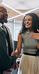 Handshake, greeting and business people in office with introduction, meeting or contract. Welcome, deal and financial managers shaking hands with investors for agreement with investment negotiation.