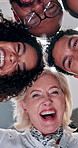 Happy people, faces and below with meeting for teamwork, unity or mission together at office. Low angle, group or employees with rotation or smile in huddle or circle for community at workplace