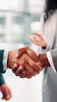 Business people, shaking hands and applause in office for deal, agreement or achievement. Employees, handshake or support in workplace for company collaboration, partnership or promotion appreciation
