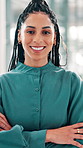 Face, confidence and happy business woman in office with ambition and pride as tax consultant. Portrait, smile and professional African worker with arms crossed, accountant and financial advisor
