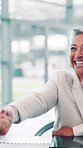 Happy woman, applause and meeting with handshake for congratulations, winning or success at office. Female person, employee or shaking hands with smile or team for good job, agreement or teamwork