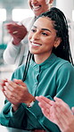Meeting, business woman and celebration with applause in office for employee recognition, job dedication and success. Corporate, professional and happy with clapping for support and congratulations