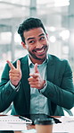 Pointing, business man and celebration with applause in office for employee recognition, success and promotion. Corporate, professional and happy with clapping for achievement support and good news
