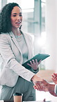 Handshake, meeting and business woman on tablet with office, deal and agreement for b2b collaboration. Shaking hands, project and proposal with digital tech for feedback, review or online research