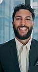 Happy, office and face of business man by window with confidence, pride and smile for finance company. Professional, corporate and portrait of worker on tablet for career, job or financial consultant