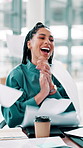 Business woman, paper throw and celebration for success, applause and meeting for project or bonus. Winner, teamwork and group of people or employees high five with good news or documents in air
