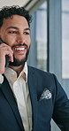 Man, phone call and smile by window at office with networking, negotiation or contact at real estate agency. Person, realtor and happy for talk on smartphone, feedback and deal for property investing