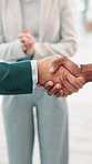 Business people, handshake and applause in office for deal, agreement or achievement. Employees, shaking hands or support in workplace for company collaboration, partnership or promotion appreciation