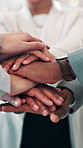 Business people, hands and stack in office for synergy, company collaboration and teamwork circle. Corporate group, huddle and gesture in workplace for partnership, support and campaign involvement