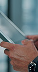 Hands, tablet and closeup at office with typing, contact or time management with schedule at company. Person, digital touchscreen and application with scroll, project and 
