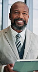 Face, business and black man with tablet in office for reading email, financial report and proposal. Portrait, male accountant and digital for schedule update, budget planning and investment feedback