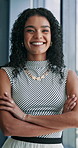 Crossed arms, office and face of business woman with confidence, pride and smile for finance company. Professional, corporate and portrait of happy worker for career, job and financial consultant