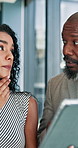 Corporate, people and meeting with tablet in office for discussion, financial comparison and proposal. Woman, man and talking with digital for schedule update, budget planning and investment feedback