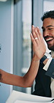 Business, people and tablet with document in office for finance comparison, budget report and teamwork. Staff, high five and paperwork with good news, proposal success and celebration for negotiation
