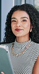 Face, social media and tablet of business woman in office for online planning, research or review. App, email and smile with happy design employee in agency workplace for development or planning
