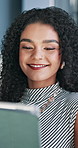 Happy, business and woman on tablet in office for reading email, financial report and review proposal. Female person, typing and digital with schedule update, budget planning and investment feedback