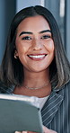 Face, smile and tablet of business Indian woman in office for online planning, research or review. App, email and report with happy design employee in agency workplace for development or planning