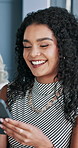 Woman, happy and phone with texting at office, laugh and funny meme on break with scroll on web. Person, smartphone and smile with mobile app, notification or comic video on social media at company