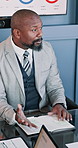 Man, notebook and meeting in office for business, investment proposal and hosting presentation. Mature speaker, talking and agenda in workplace for budget discussion, brainstorming and advice