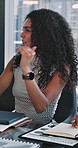 Boardroom, discussion and woman with ideas, meeting and planning for ad campaign, talking and marketing. Business, media manager and person with info for project, conversation and presentation