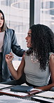 Meeting, paperwork and business women in office for financial performance review with profit report. Discussion, documents and manager with finance advisor for company budget planning with feedback.