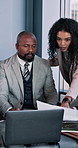 Business, people and laptop with paperwork in meeting for budget comparison, investment management and feedback. Financial manager, teamwork and discussion with company account for sales performance